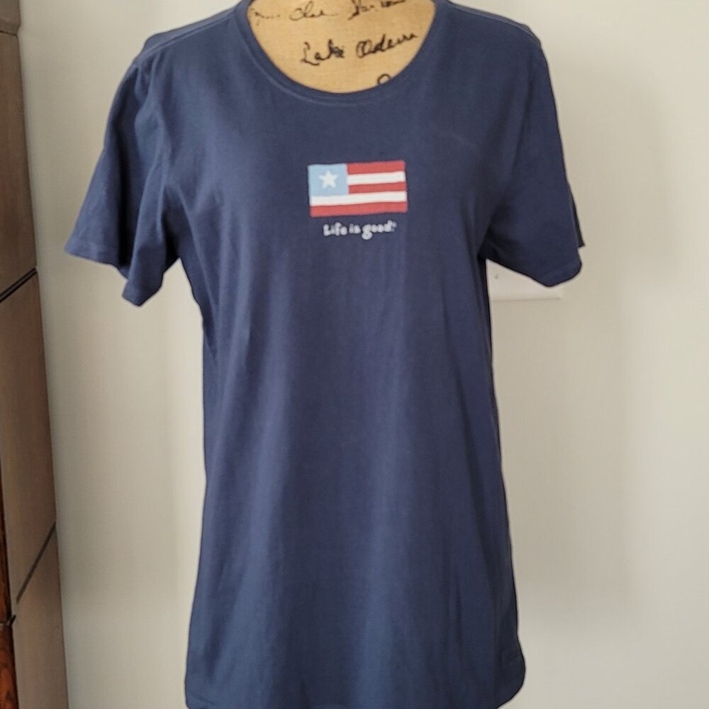 Ladies Life is Good Navy Flag Crew Neck T-shirt  Vintage Large